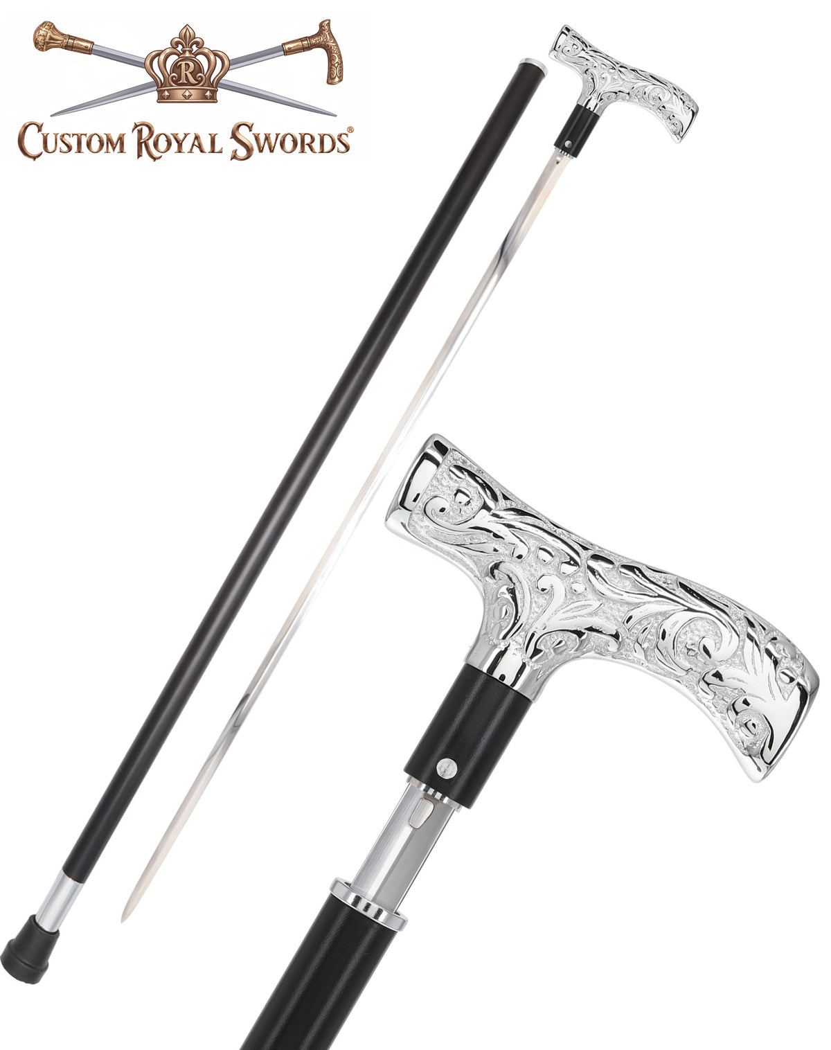 Custom RC Swords Chrome T-Handle Sword Cane – Black Metal Shaft, 29" Blade