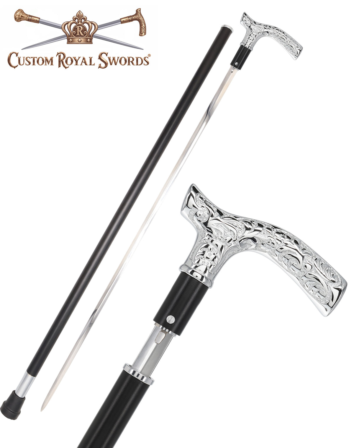 Custom RC Swords Chrome Fritz Handle Sword Cane – Black Metal Shaft, 29" Blade