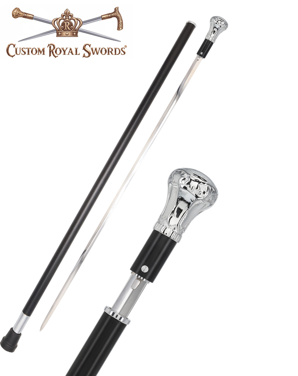 Custom RC Swords Chrome Knob Handle Sword Cane – Black Metal Shaft, 29" Blade