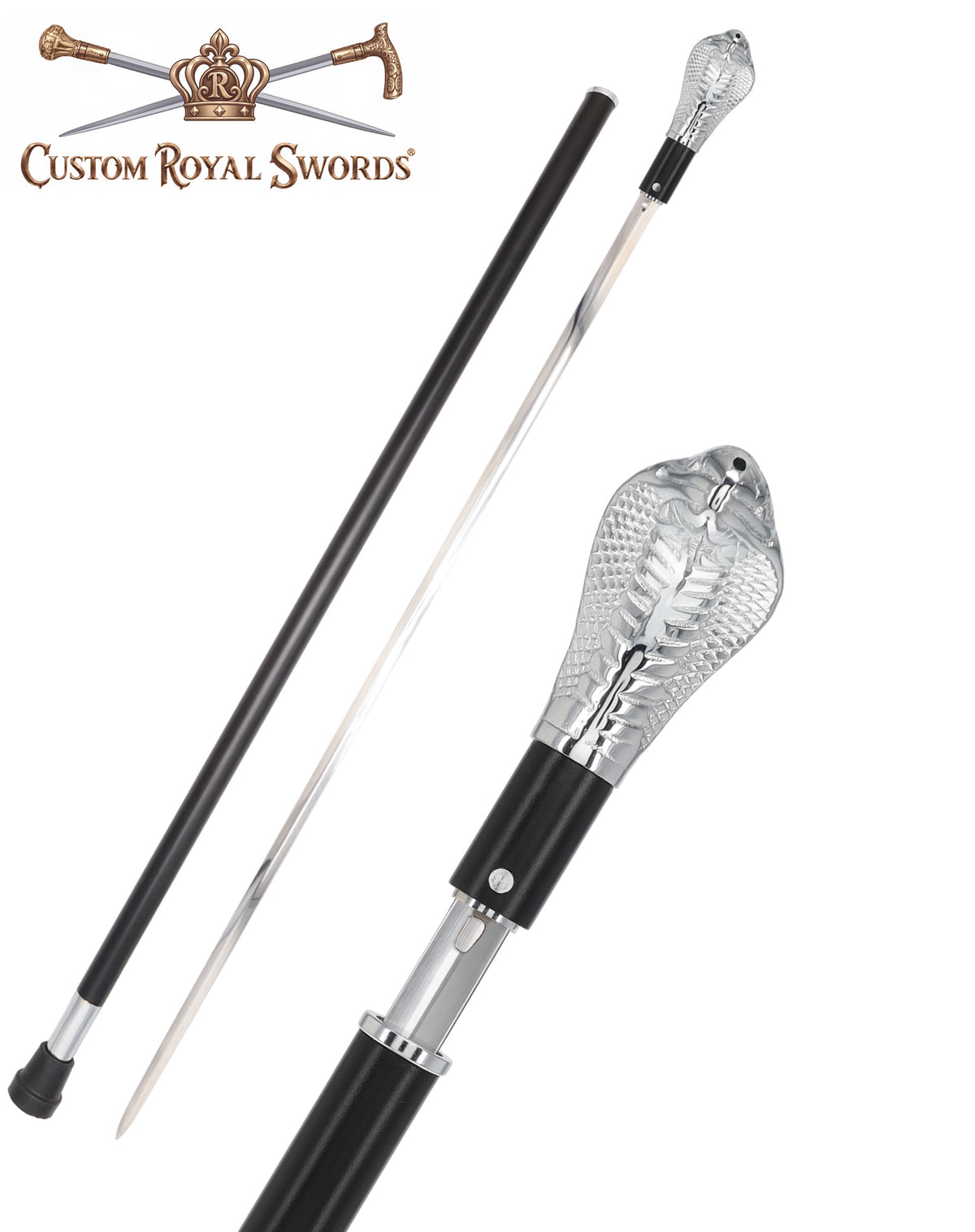 Custom RC Swords Chrome Snake Handle Sword Cane – Black Metal Shaft, 29" Blade