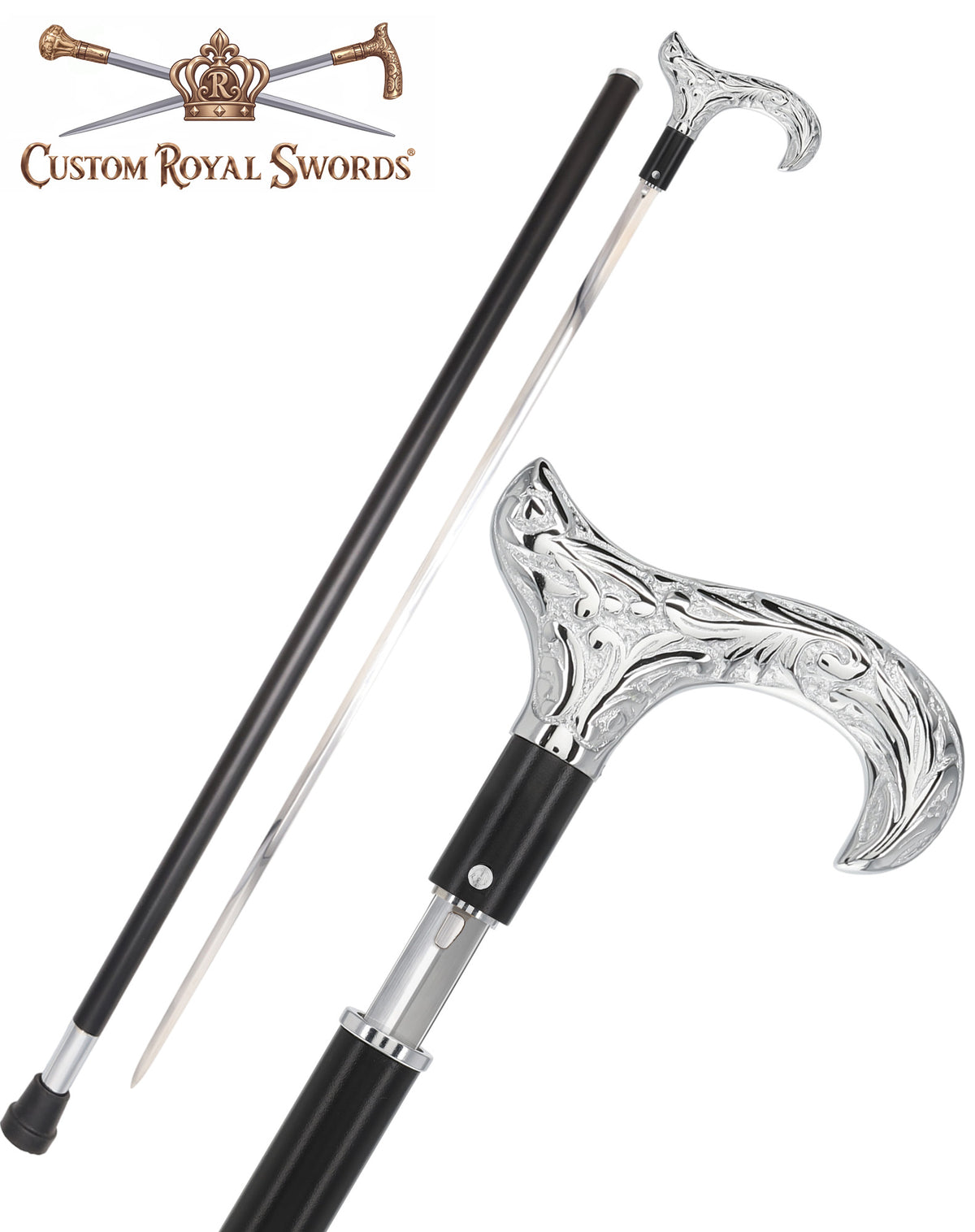 Custom RC Swords Chrome Derby Handle Sword Cane – Black Metal Shaft, 29" Blade