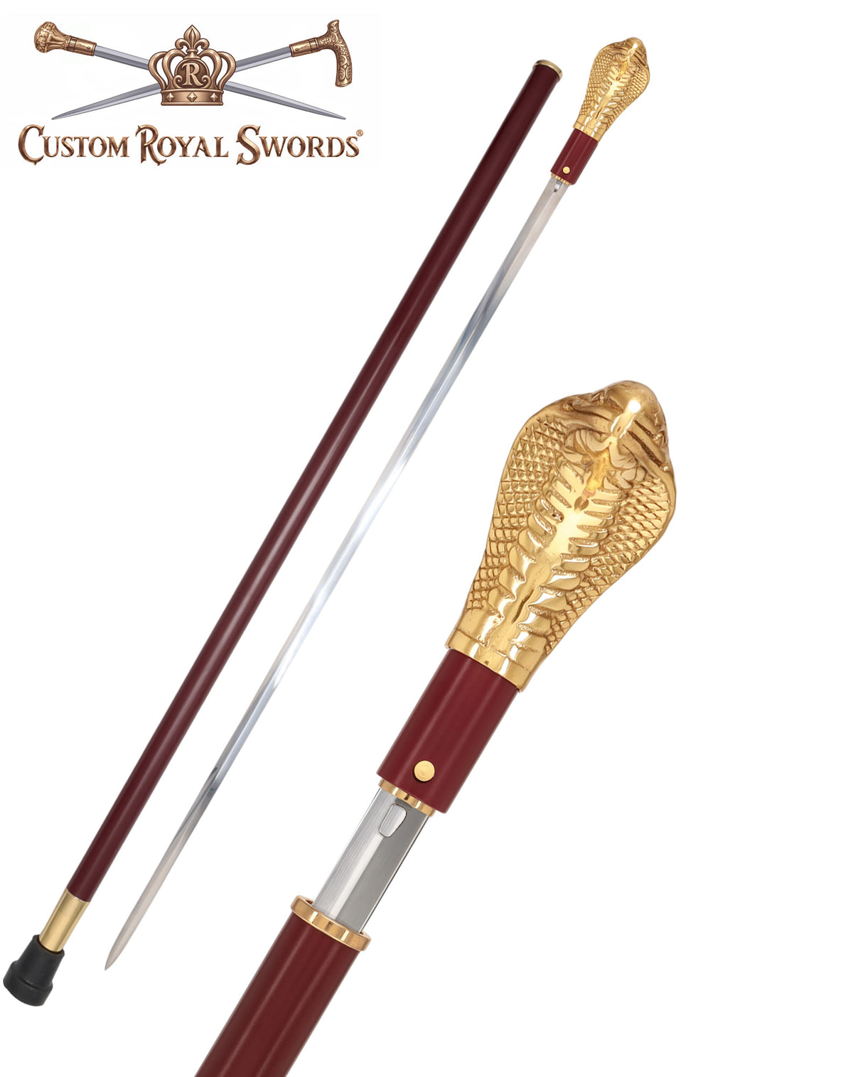 Custom RC Swords Brass Snake Handle Sword Cane – Mahogany Metal Shaft, 29" Blade