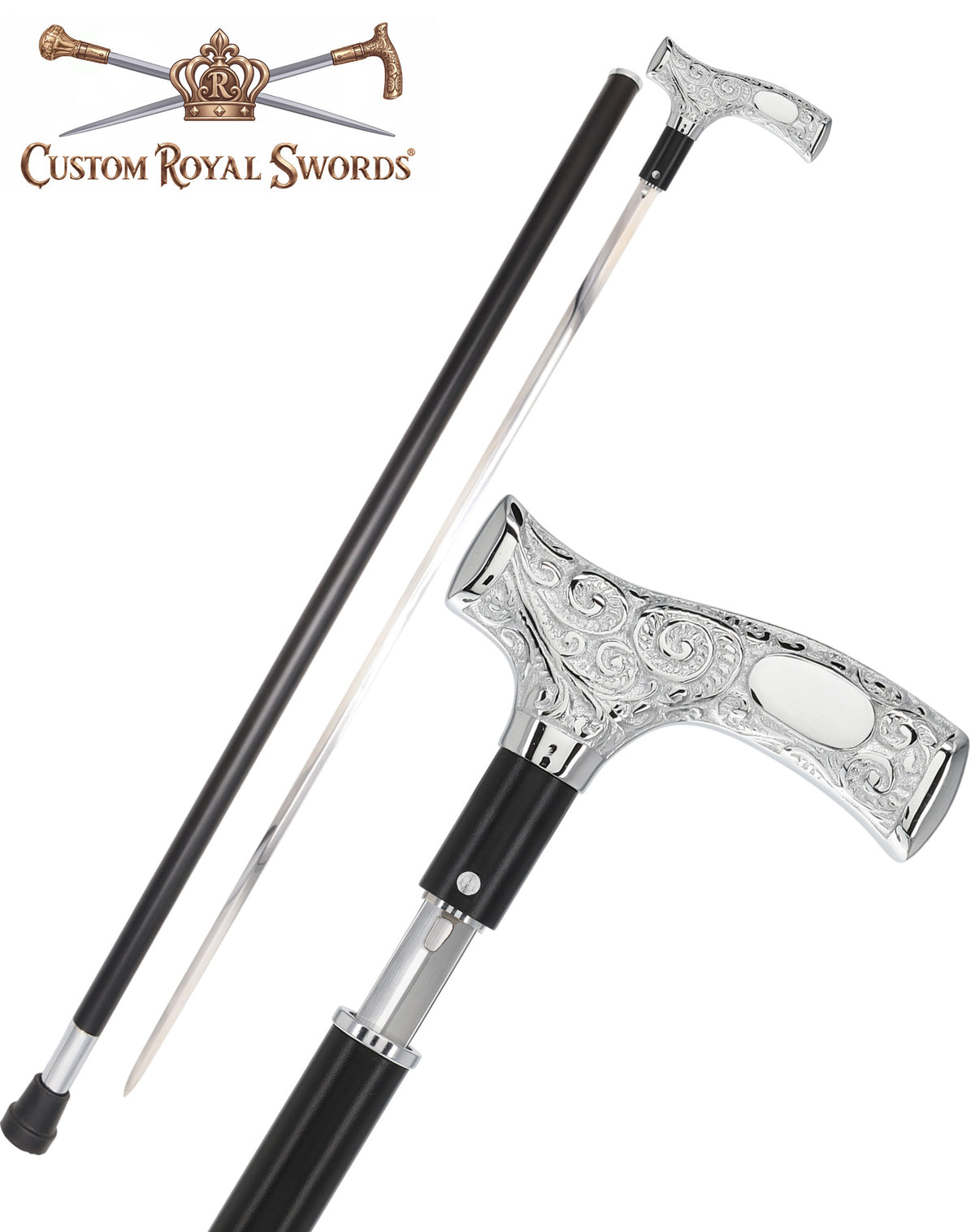 Custom RC Swords Engravable Chrome Fritz Sword Cane – Black Metal Shaft, 29" Blade