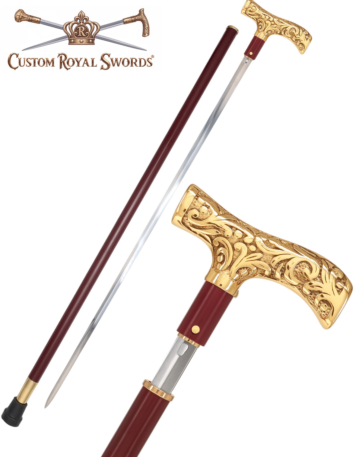 Custom RC Swords Brass T-Handle Sword Cane – Mahogany Metal Shaft, 29" Blade