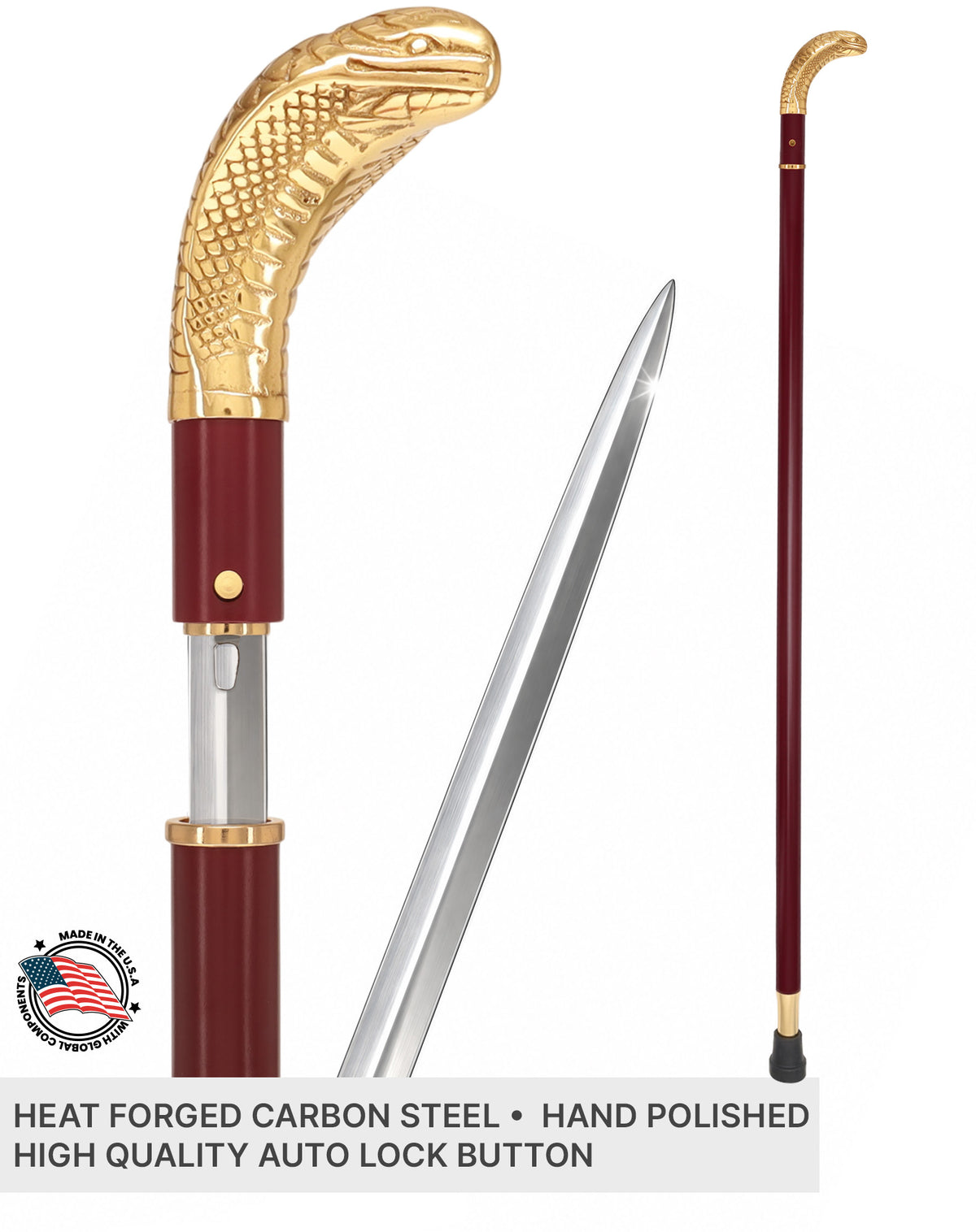 Custom RC Swords Brass Snake Handle Sword Cane – Mahogany Metal Shaft, 29" Blade