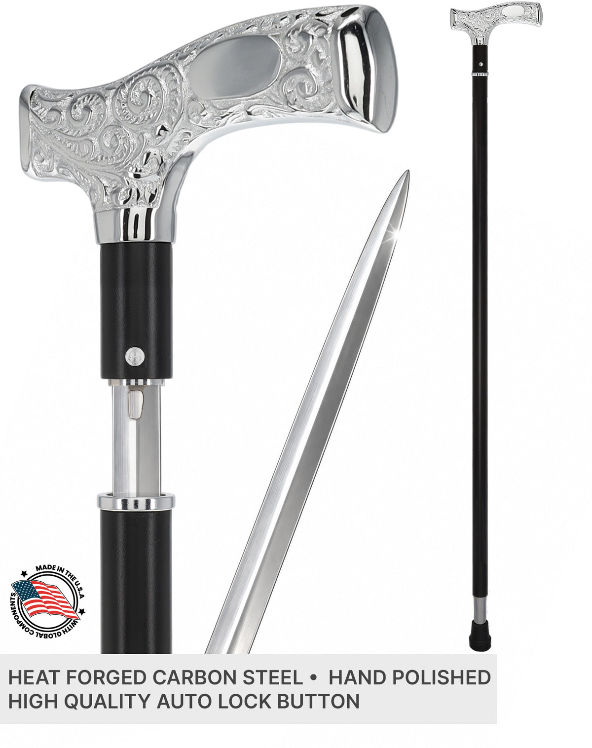 Custom RC Swords Engravable Chrome Fritz Sword Cane – Black Metal Shaft, 29" Blade