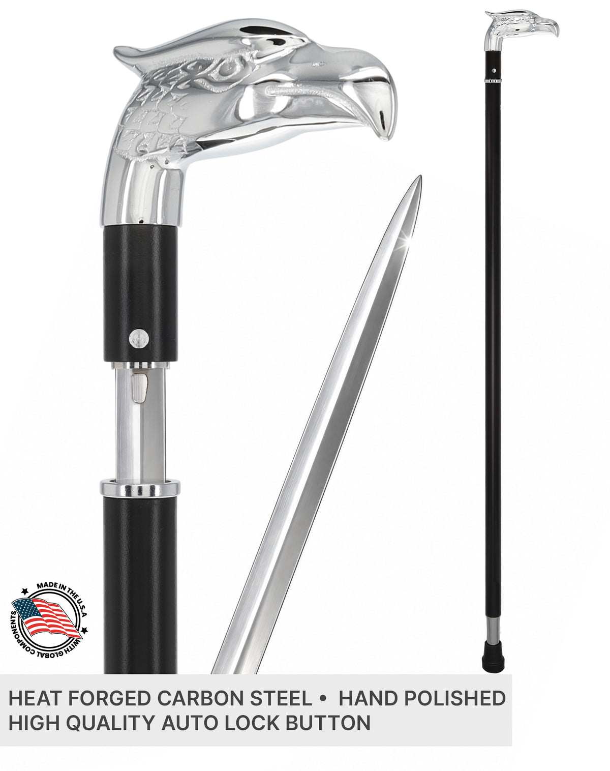 Custom RC Swords Chrome Eagle Handle Sword Cane – Black Metal Shaft, 29" Blade