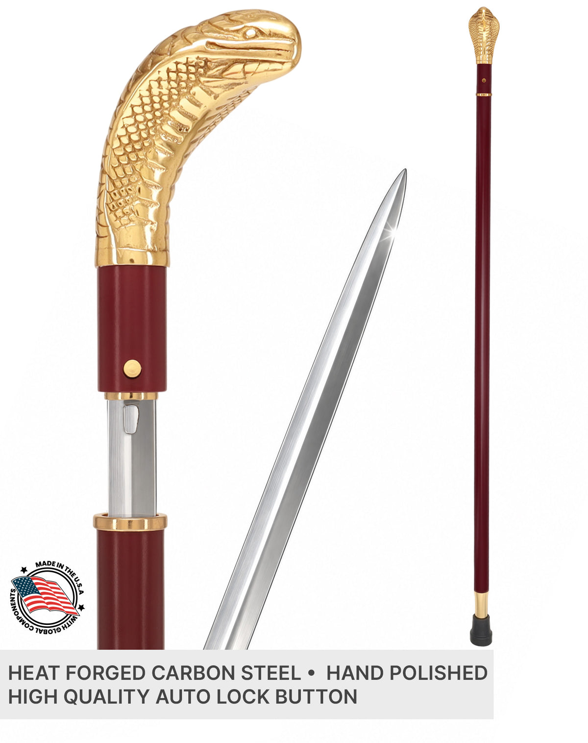 Custom RC Swords Brass Snake Handle Sword Cane – Mahogany Metal Shaft, 29" Blade