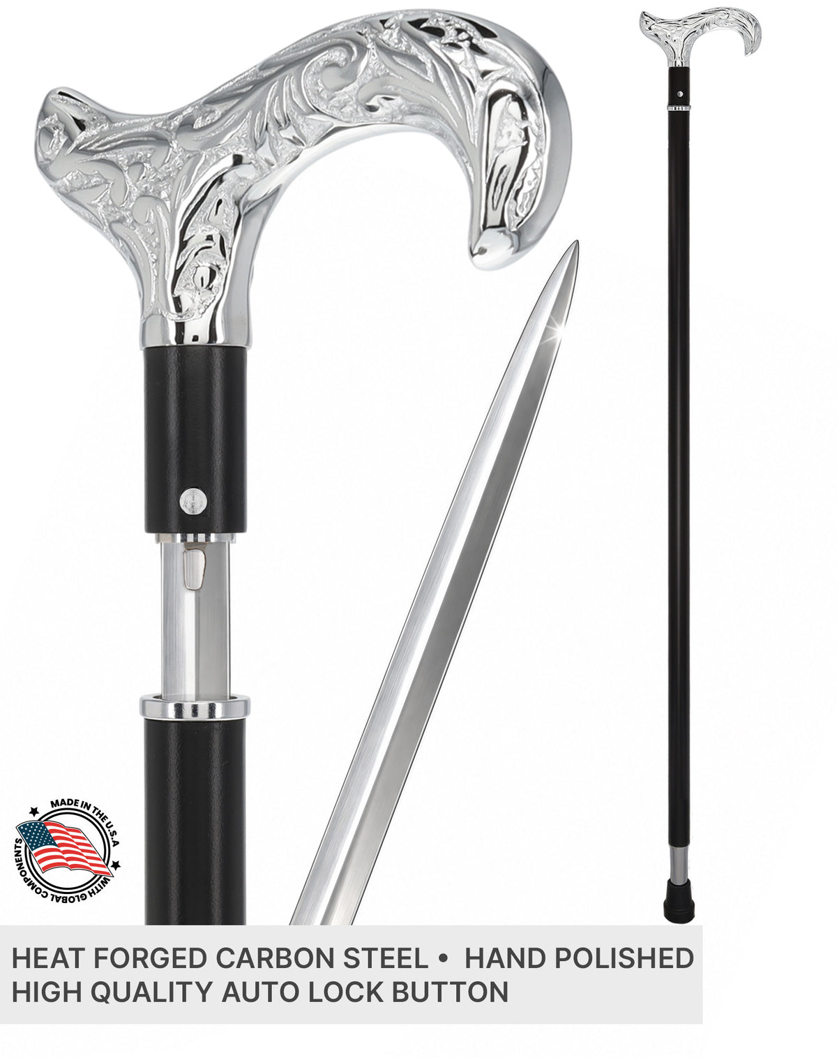 Custom RC Swords Chrome Derby Handle Sword Cane – Black Metal Shaft, 29" Blade