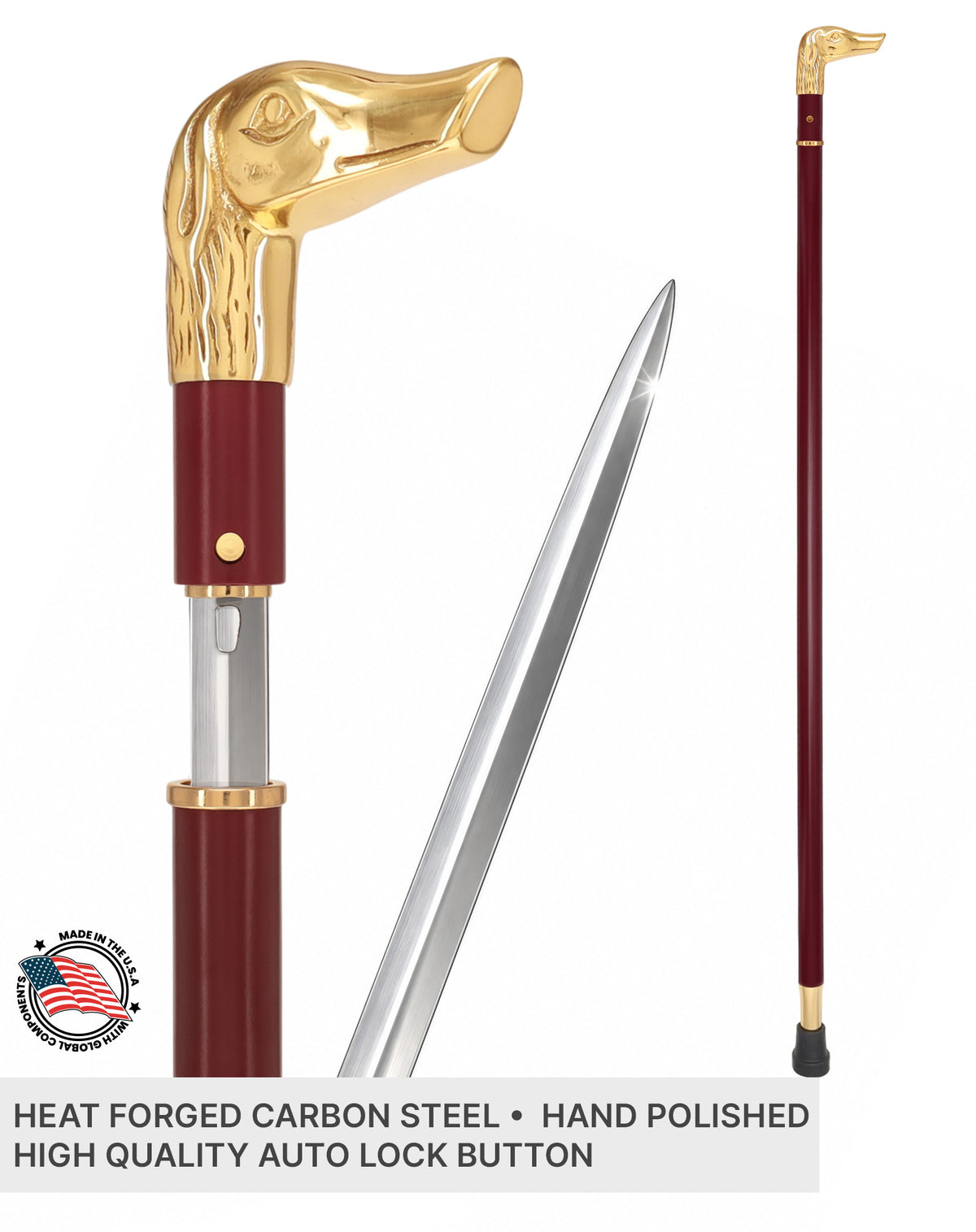 Custom RC Swords Brass Dog Handle Sword Cane – Mahogany Metal Shaft, 29" Blade