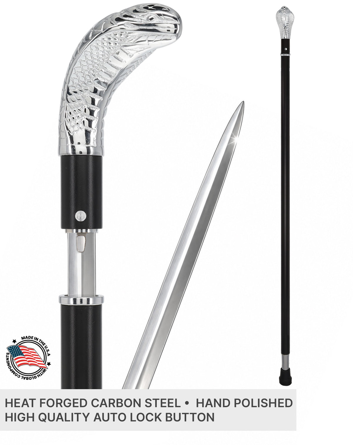 Custom RC Swords Chrome Snake Handle Sword Cane – Black Metal Shaft, 29" Blade