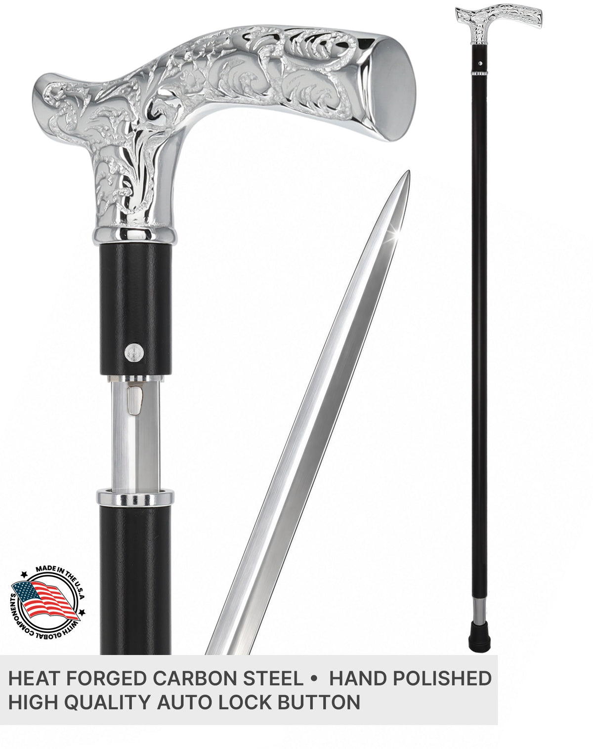 Custom RC Swords Chrome Fritz Handle Sword Cane – Black Metal Shaft, 29" Blade