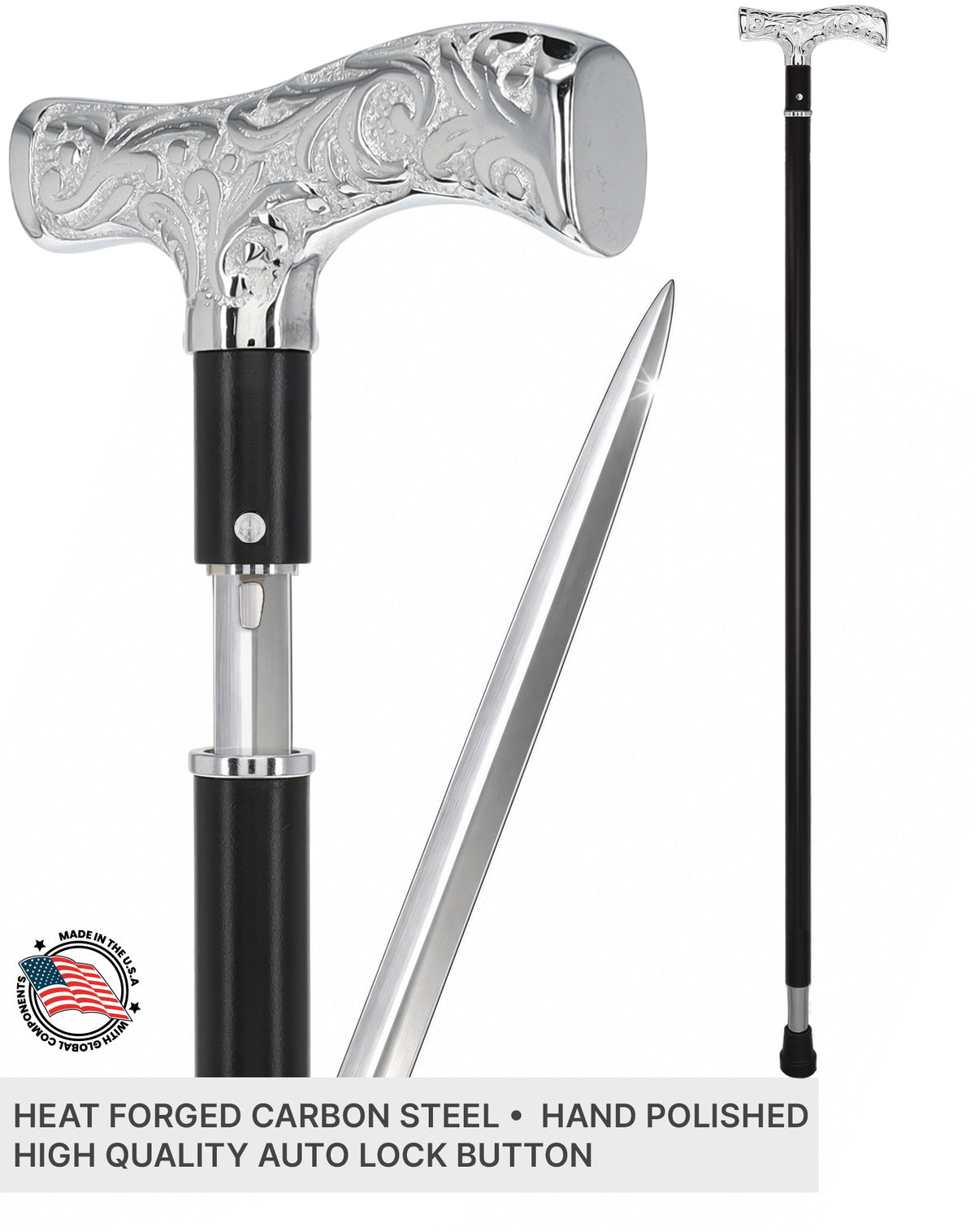 Custom RC Swords Chrome T-Handle Sword Cane – Black Metal Shaft, 29" Blade