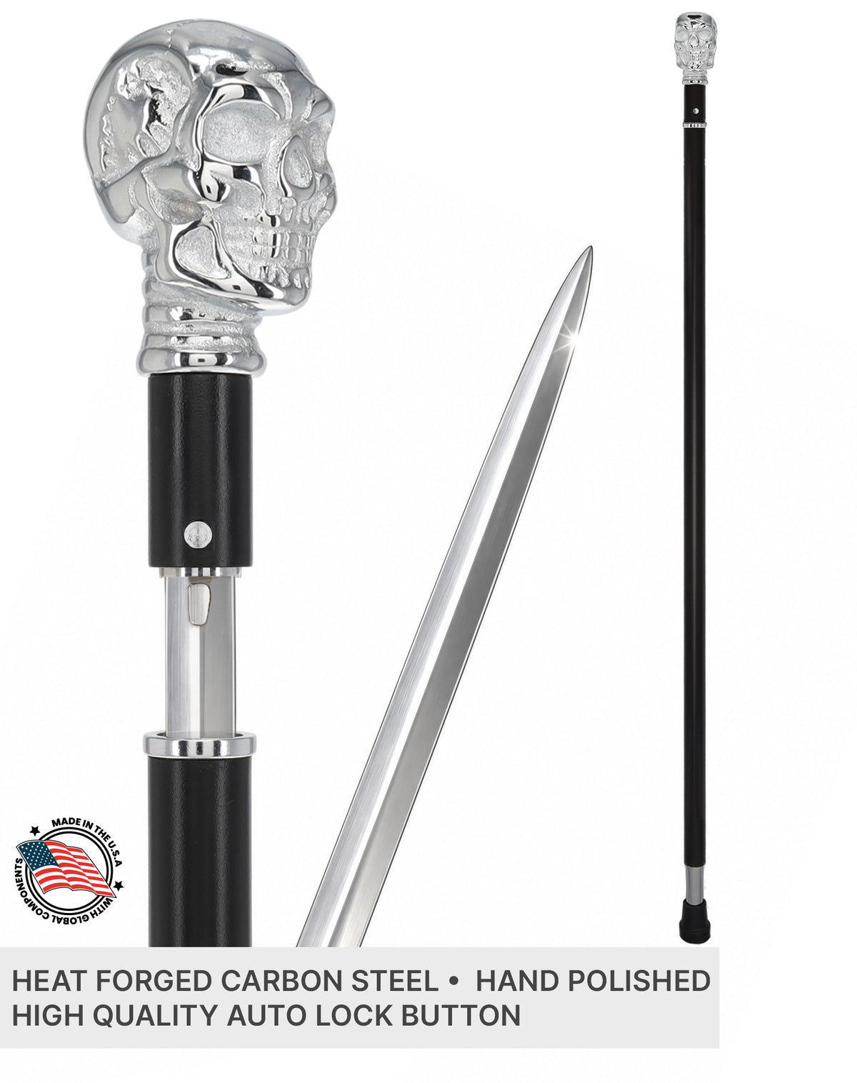 Custom RC Swords Chrome Skull Handle Sword Cane – Black Metal Shaft, 29" Blade