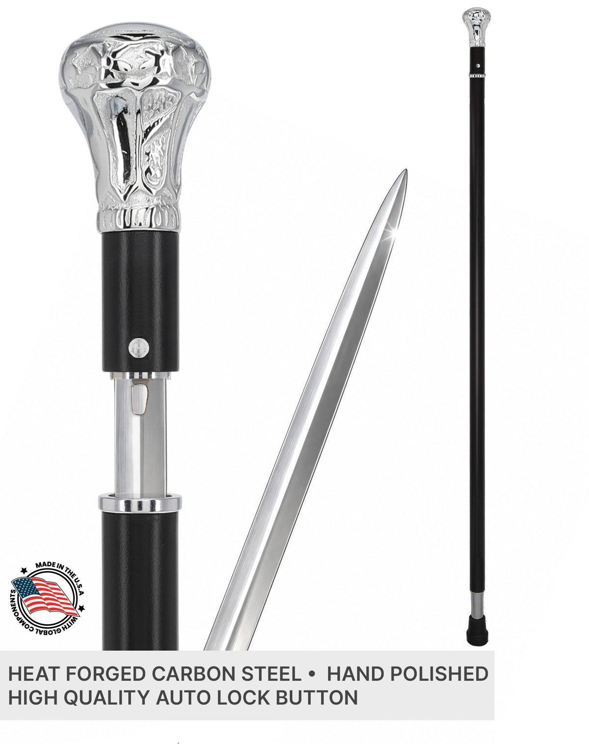 Custom RC Swords Chrome Knob Handle Sword Cane – Black Metal Shaft, 29" Blade