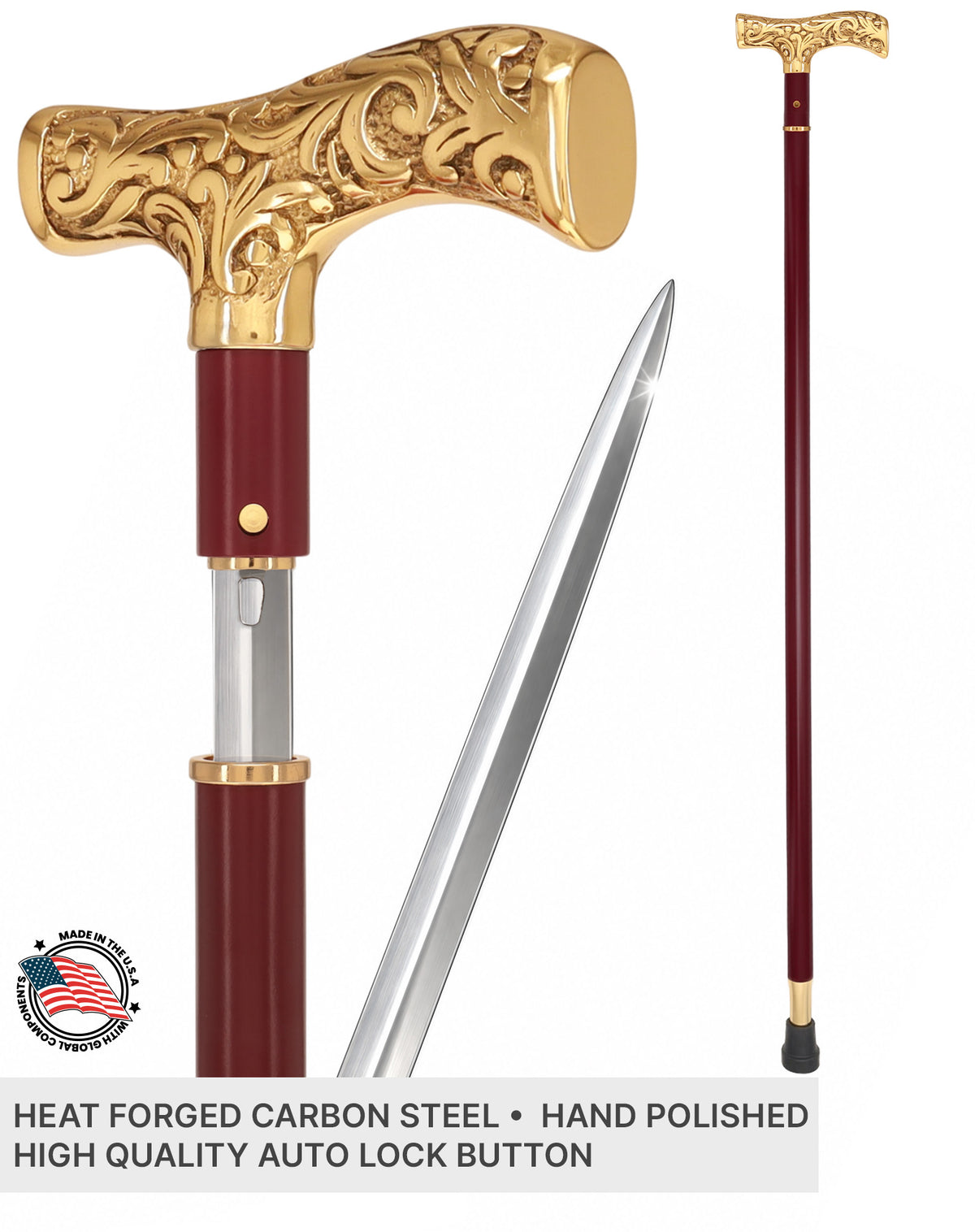 Custom RC Swords Brass T-Handle Sword Cane – Mahogany Metal Shaft, 29" Blade