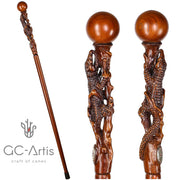 Master-Carved Alligator / Crocodile Walking Cane in Solid Oak by S. Shestopalov