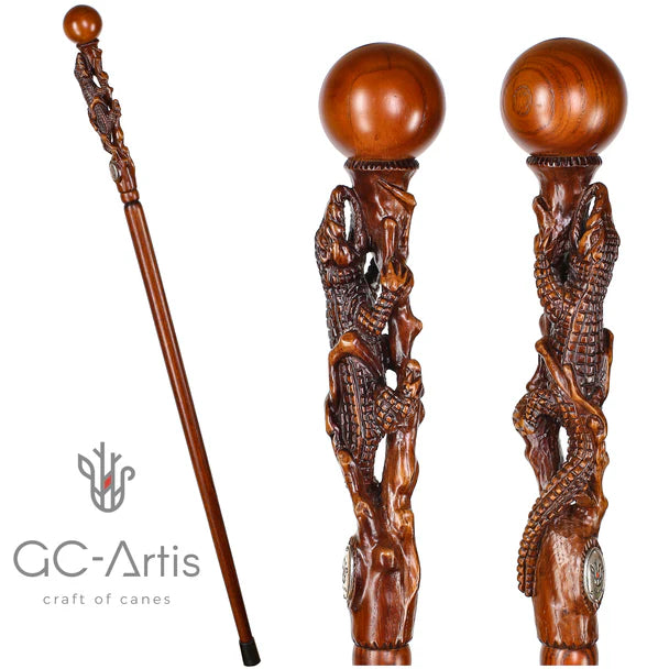 Master-Carved Alligator / Crocodile Walking Cane in Solid Oak by S. Shestopalov