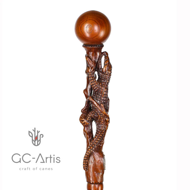 Master-Carved Alligator / Crocodile Walking Cane in Solid Oak by S. Shestopalov