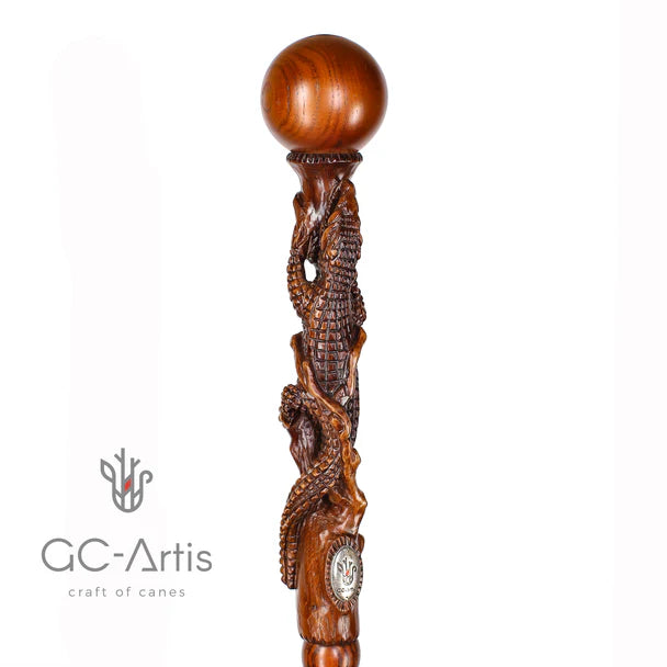 Master-Carved Alligator / Crocodile Walking Cane in Solid Oak by S. Shestopalov