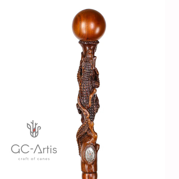 Master-Carved Alligator / Crocodile Walking Cane in Solid Oak by S. Shestopalov