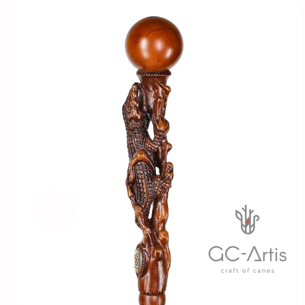 Master-Carved Alligator / Crocodile Walking Cane in Solid Oak by S. Shestopalov