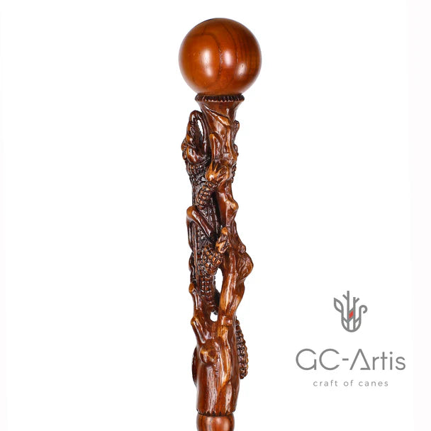 Master-Carved Alligator / Crocodile Walking Cane in Solid Oak by S. Shestopalov