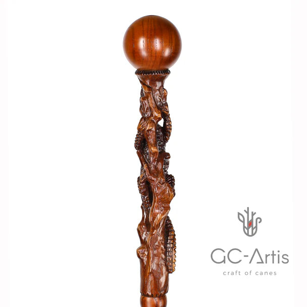 Master-Carved Alligator / Crocodile Walking Cane in Solid Oak by S. Shestopalov