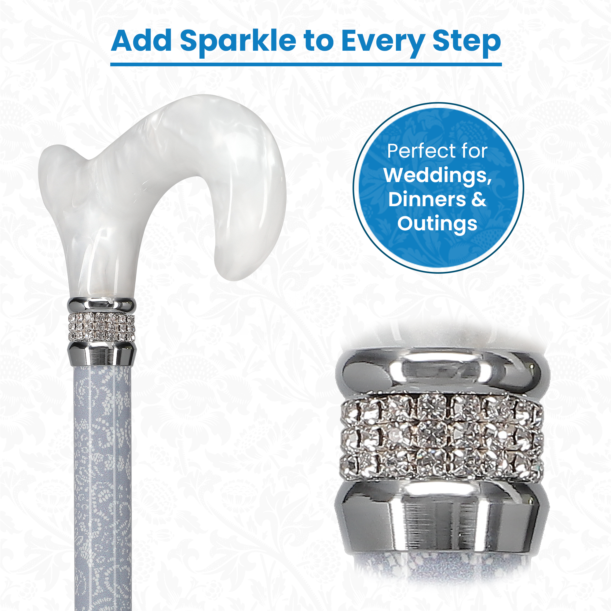 Graceful Lace Pearlz Folding Desinger Adjustable Cane w/ Rhinestone collar