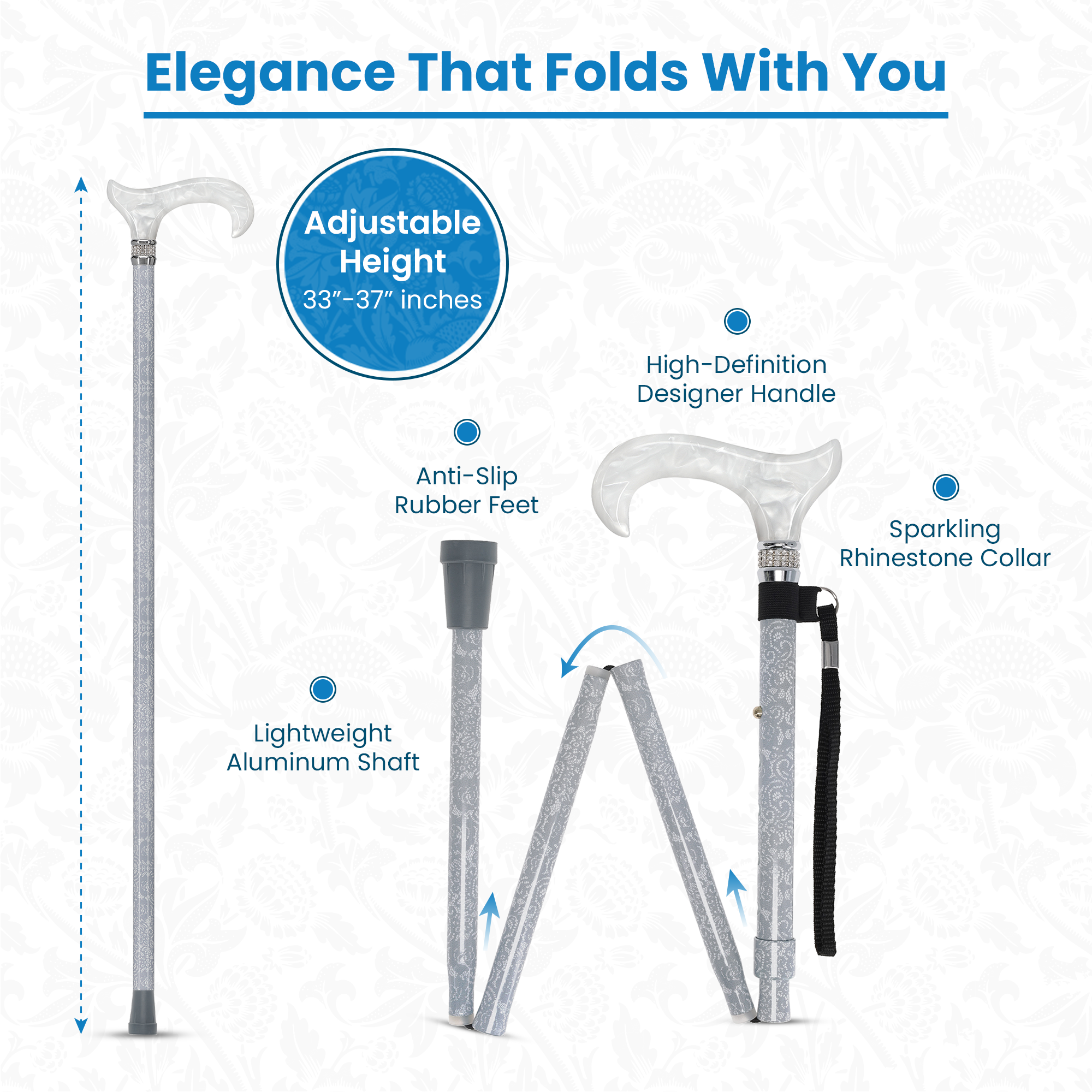 Graceful Lace Pearlz Folding Desinger Adjustable Cane w/ Rhinestone collar