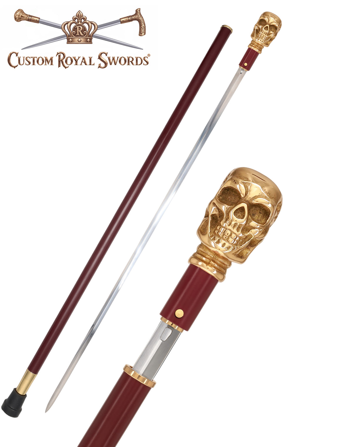 Custom RC Swords Brass Skull Handle Sword Cane – Mahogany Metal Shaft, 29" Blade