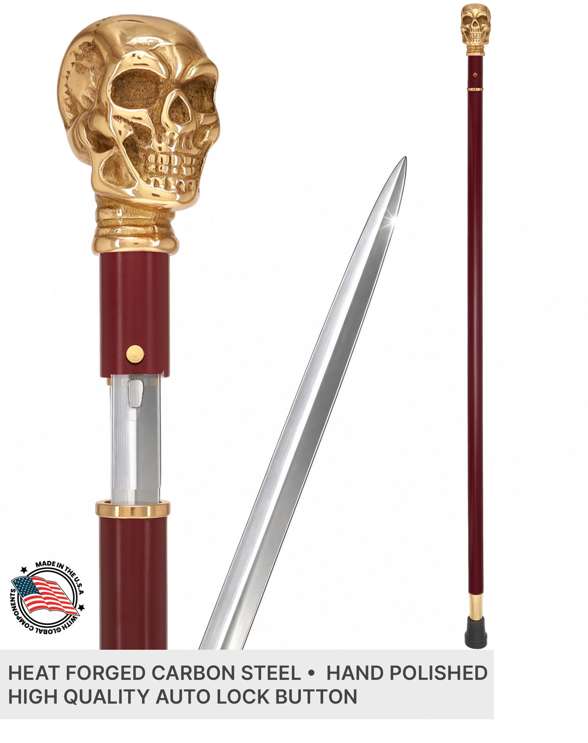 Custom RC Swords Brass Skull Handle Sword Cane – Mahogany Metal Shaft, 29" Blade