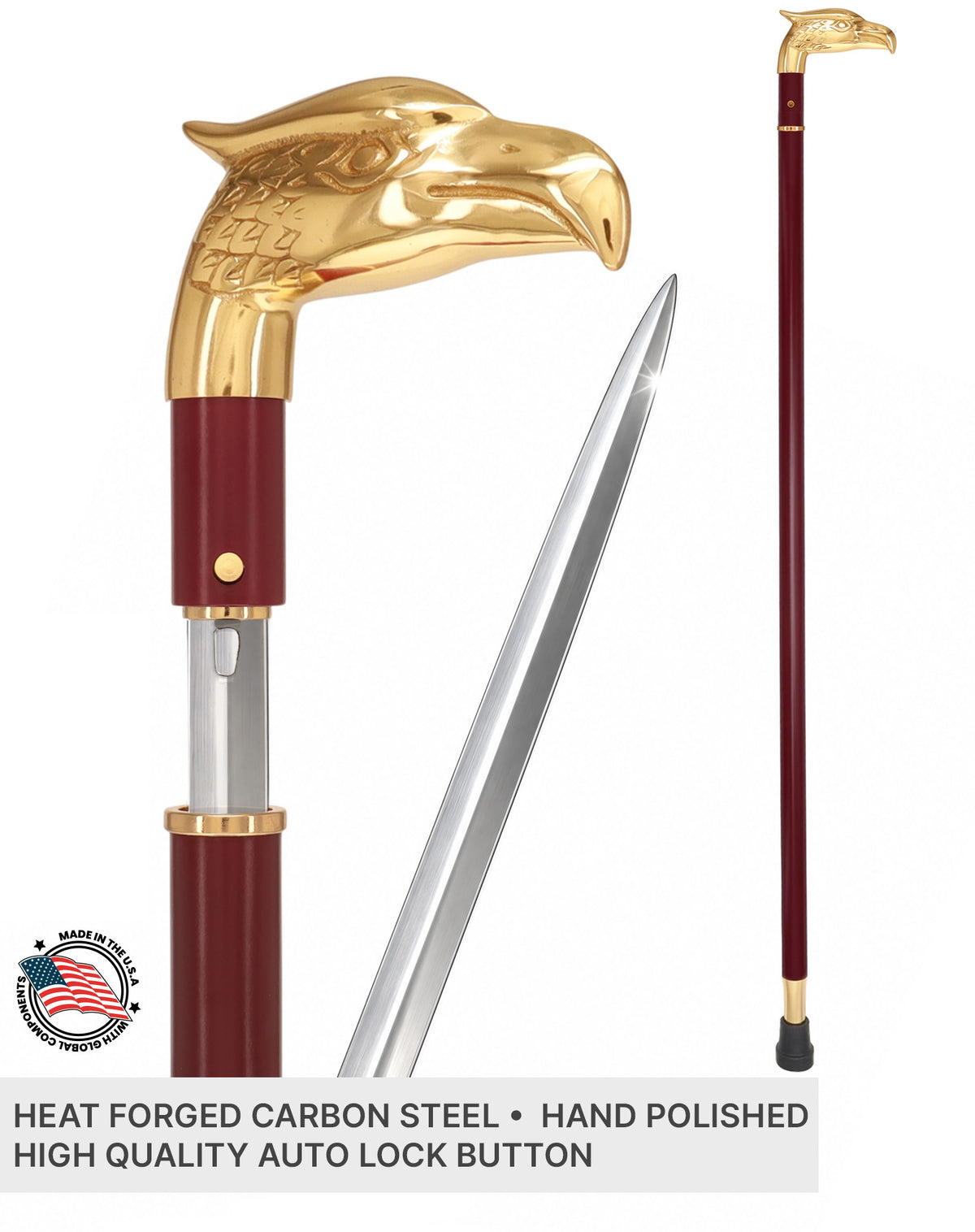 Custom RC Swords Brass Eagle Handle Sword Cane – Mahogany Metal Shaft, 29" Blade