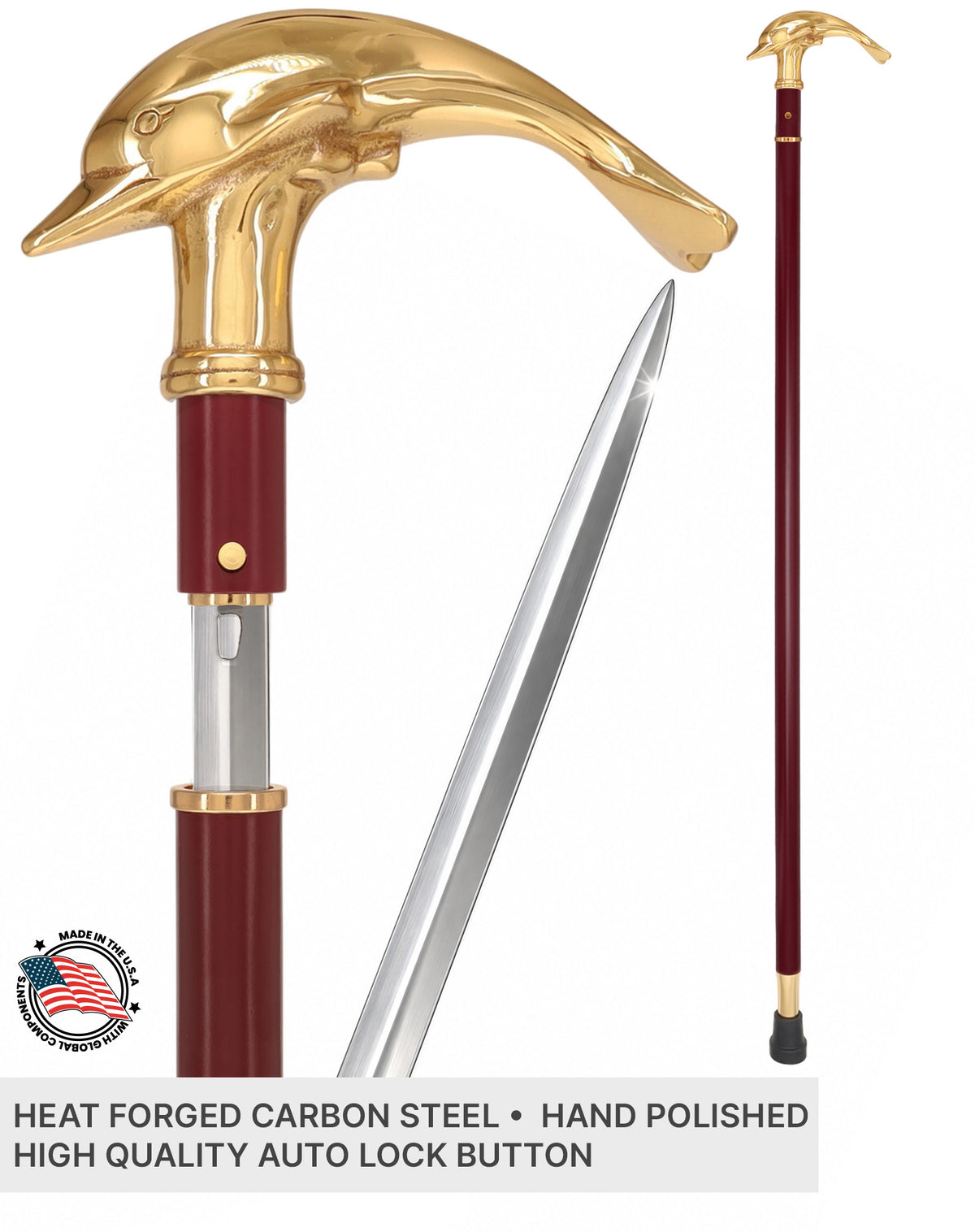 Custom RC Swords Brass Dolphin Handle Sword Cane – Mahogany Metal Shaft, 29" Blade