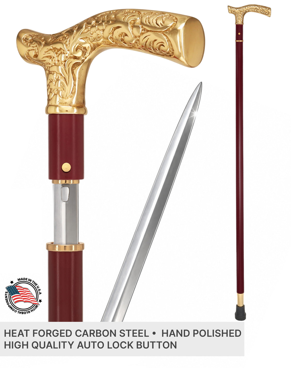 Custom RC Swords Brass Fritz Handle Sword Cane – Mahogany Metal Shaft, 29" Blade