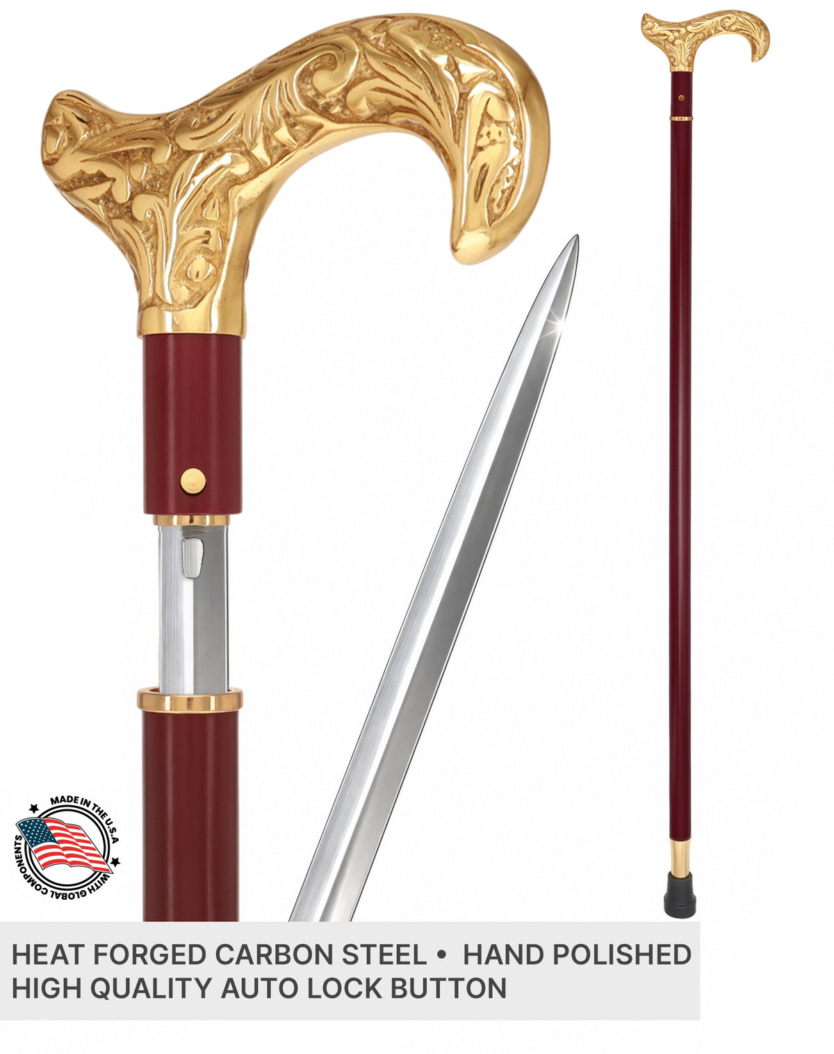 Custom RC Swords Brass Derby Handle Sword Cane – Mahogany Metal Shaft, 29" Blade