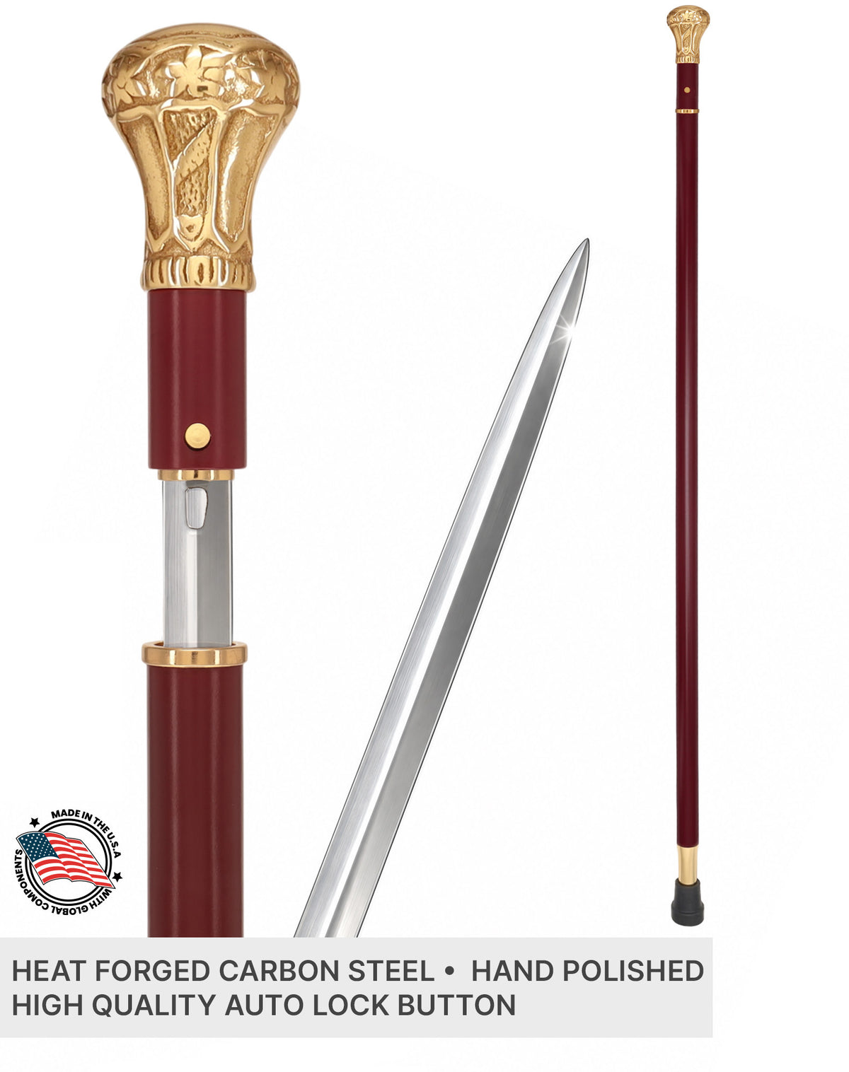 Custom RC Swords Brass Knob Handle Sword Cane – Mahogany Metal Shaft, 29" Blade