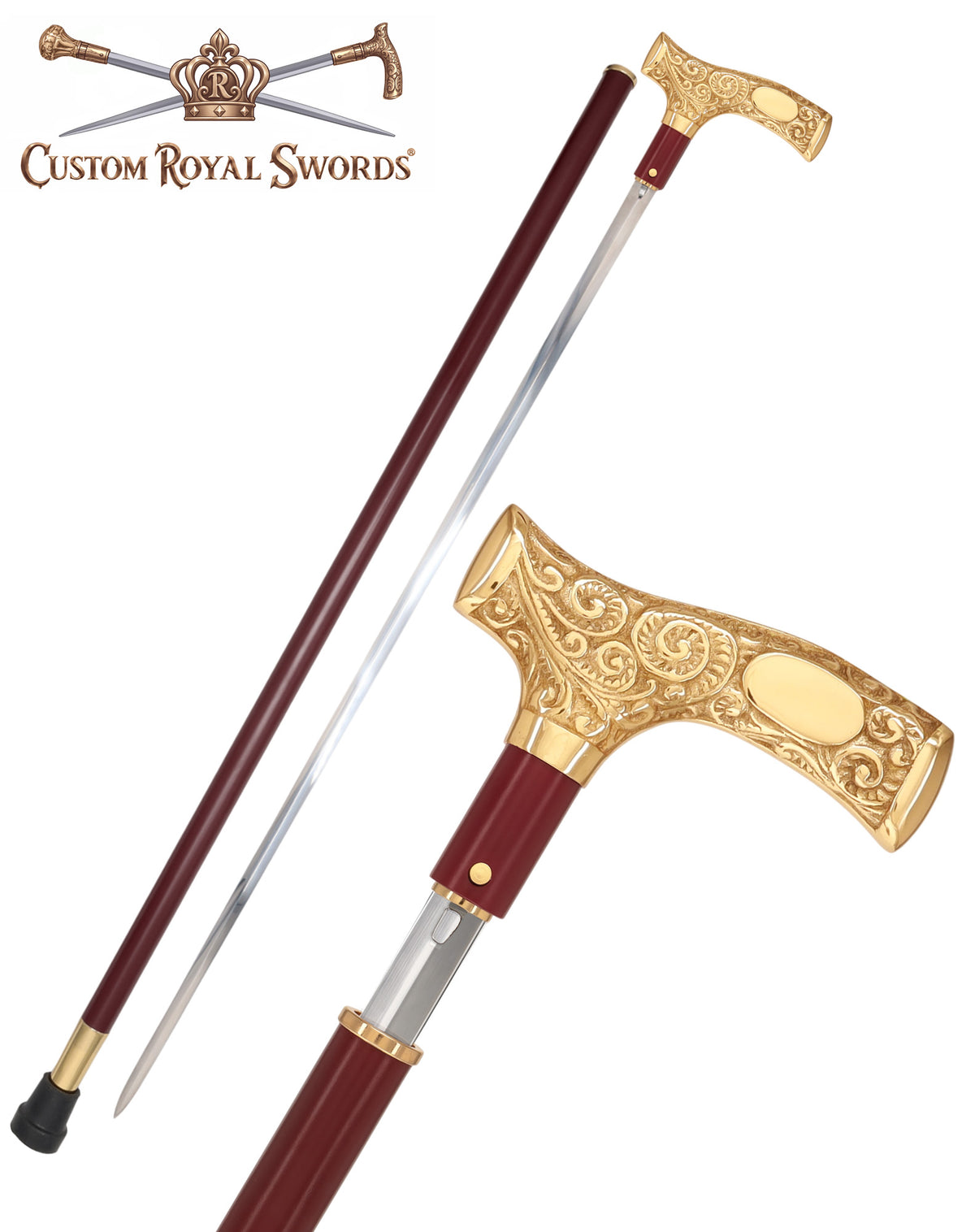 Custom Royal Swords Engravable Brass Fritz Sword Cane – Mahogany Metal Shaft, 29" Blade