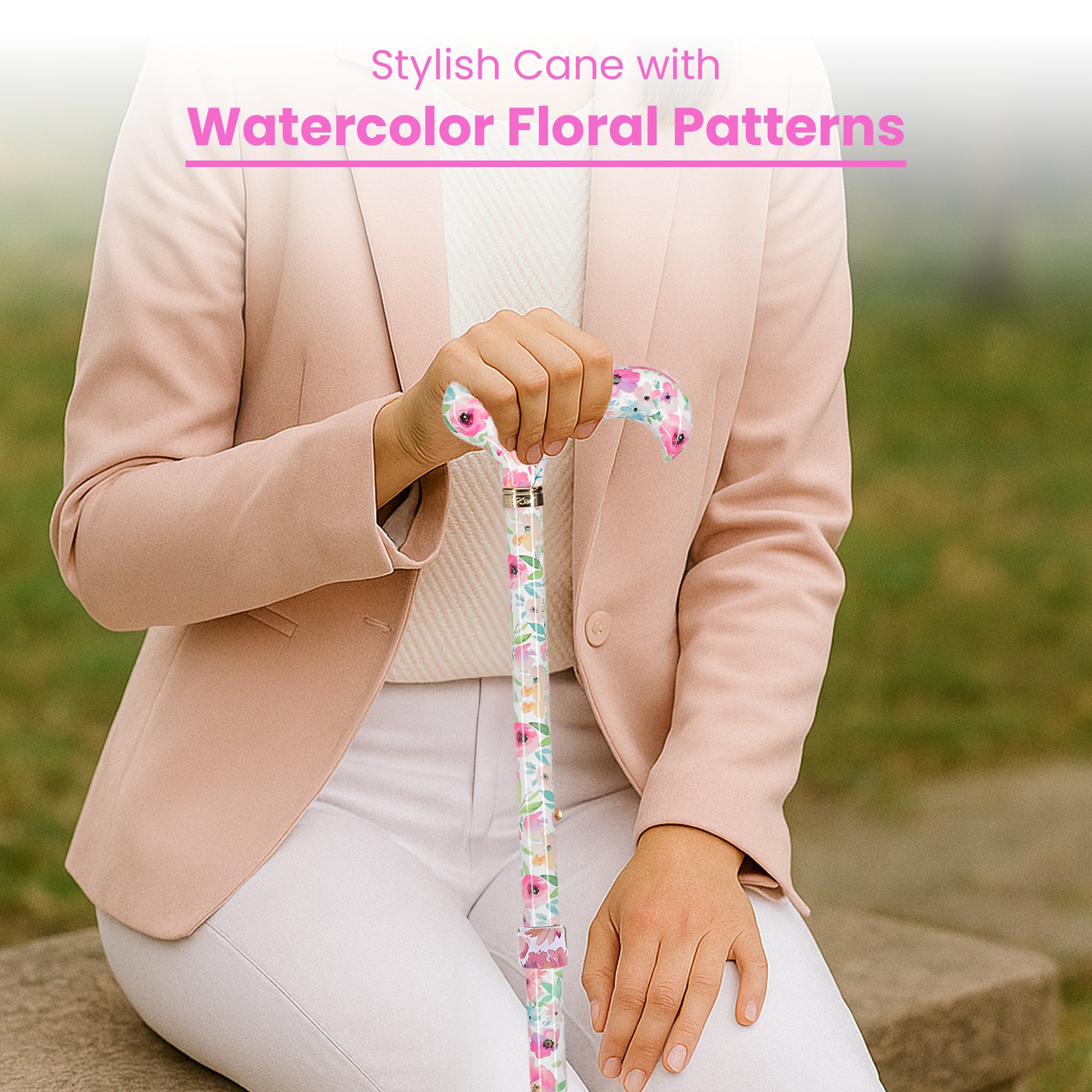 Watercolor Flowers: Designer Adjustable Cane w/ Patterned Handle