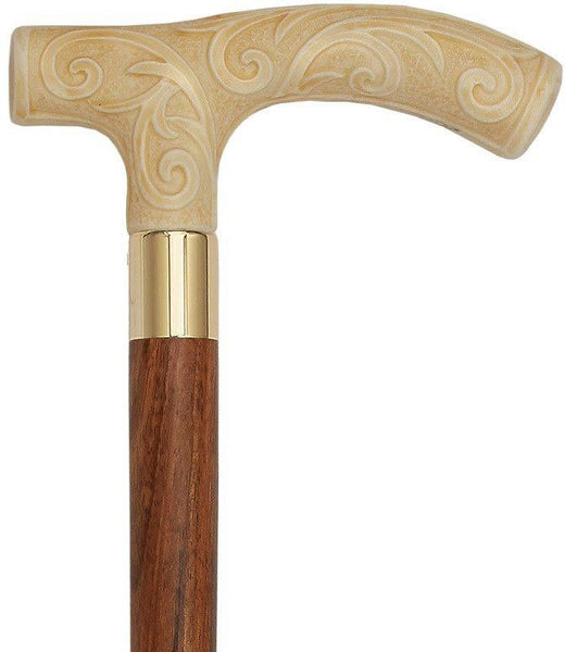 Carved Faux Ivory Scroll Fritz Handled Cane - Italian Handle w/ Custom Shaft and Collar