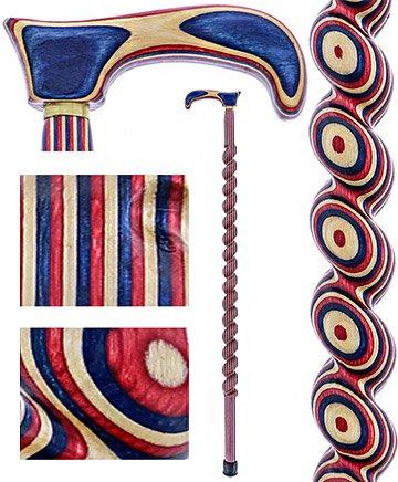 American Woodcrafter Red White & Blue Colortone Classic Rope Twist Derby Handle Walking Cane With laminate Birchwood Shaf