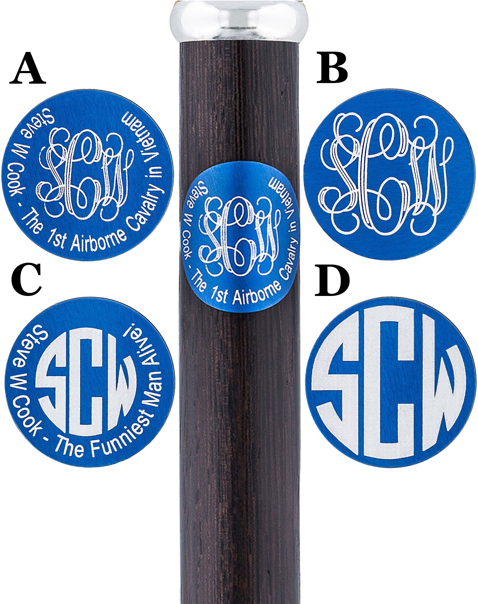 Custom Cane Engraving: Circle in Blue Anodized Aluminum