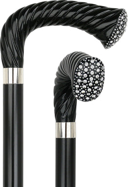 Classic Canes Rhinestone Opera Handle Walking Cane With Black Beechwood Shaft and Silver Collar