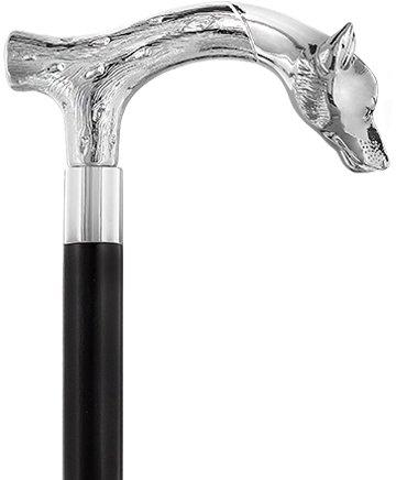 Comoys Unwavering Fierce Wolf Nickel Plated Fritz Handle Cane w/ Custom Shaft & Collar