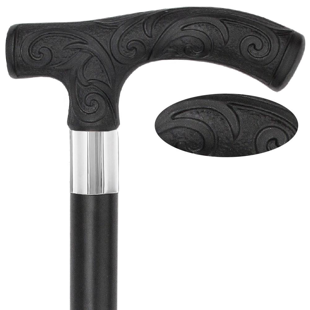 Scratch and Dent Carved Black Scroll Fritz Handled Cane - Italian