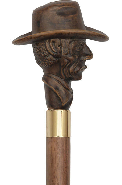 Brown Cowboy with Hat Imitation Wood Cane -Italian Handle w/Custom Shaft and Collar