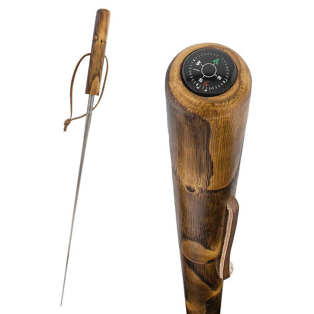 Brown Natural Chestnut Wood Sword-Gadget Hiking Staff w/ Compass