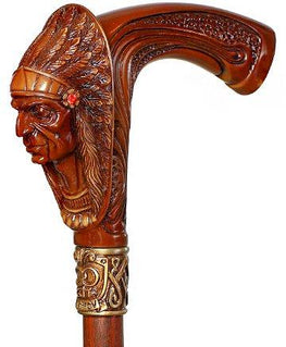 Igor American Indian Chief Brown Handle Cane w/ Wood Shaft & Bronze Collar