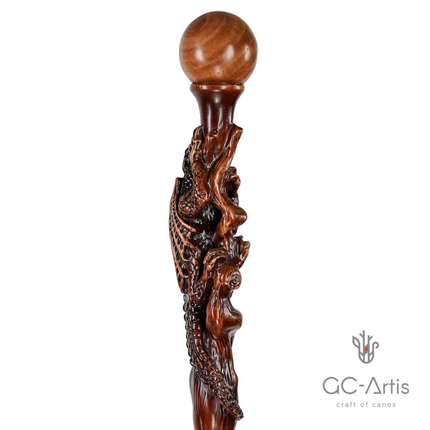 The Dragon Staff - Dark Wood Walking Staff Master-Carved Dragon Walking Staff
