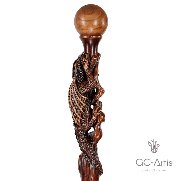 The Dragon Staff - Dark Wood Walking Staff Master-Carved Dragon Walking Staff